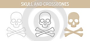 Skull And Crossbones tracing and coloring worksheet for kids