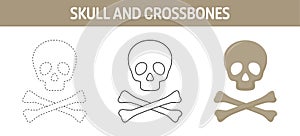 Skull And Crossbones tracing and coloring worksheet for kids