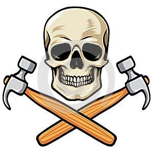 Skull Crossed Builder Hammers Vector Illustration