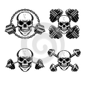 Skull with crossed gym barbells. Gym consept. Design element for logo, label, sign