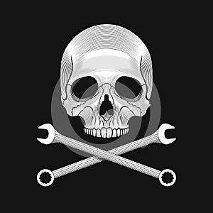 The skull and crossed wrenches on the black background.