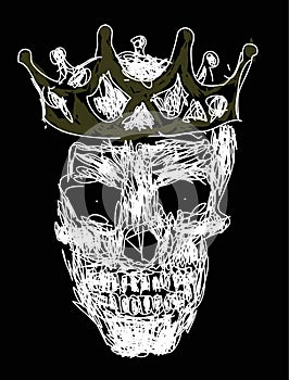 Skull with crown, king icon hand draw art vector graffiti, white color on the black background.