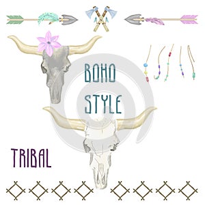 Skull digital art bone cow head tribal bull ox buttress calf boho style illustration geometric on white background