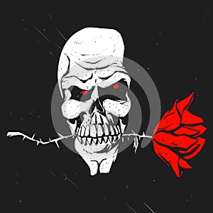Skull with flower between teeth - halloween skull - skeleton cartoon - gothic illustration
