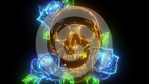 Skull with flowers, with roses. digital neon video