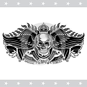 Skull front view with a lower jaw between two pair wings and ribbons. Vintage label isolated
