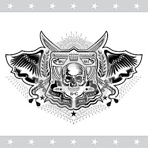 Skull front view without a lower jaw between wings, ribbons and cross sabers. Vintage label isolated