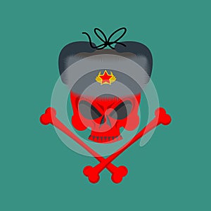 Skull in fur hat. Symbol of specter of communism. Red emblem of