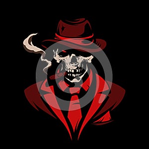 Skull in gangster hat with cigar on black background