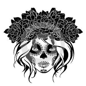 Skull girl in a flower wreath. Black and white illustration.