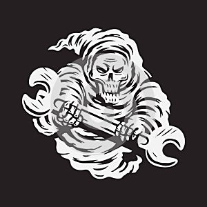 Skull grim reaper holding wrench vector illustration