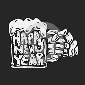 Skull hand holding a glasses of beer vector illustration happy new year