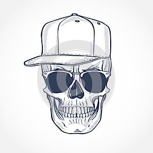 Skull with hat and sunglasses, line art