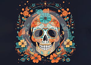 Skull head with floral vintage for the holiday of the day of death, illustration on a dark background