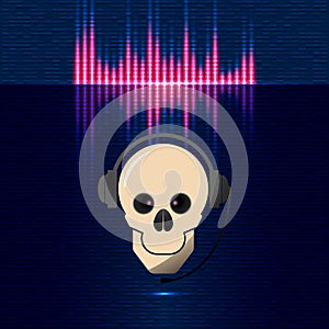 Skull in headphones, equalizer in blue shades