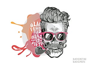 Skull. Hipster silhouette with mustache glasses and tobacco pipe on a colorful splash background. Vector illustration in modern en