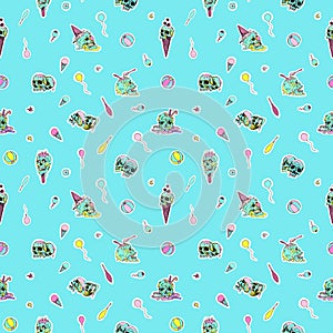 Skull, ice cream and circus attributes - vector seamless pattern.