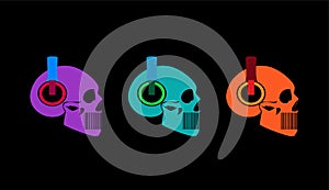 Skull icons with headphones, halftone neon color background