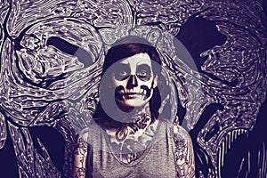 Skull, makeup and portrait of woman with pattern for festival, Halloween and day of the dead. Creative, costume and