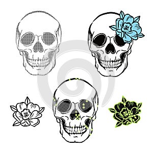 Skull outline with floral design. Boho tattoo skull head illustration with flower design elements.