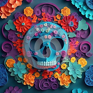 Skull paper quilling art with colorful flower pattern