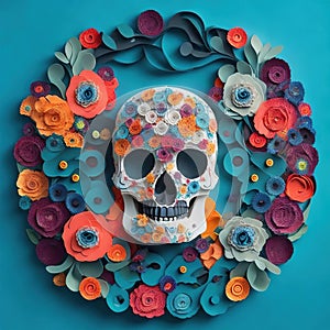 Skull paper quilling art with colorful flower pattern