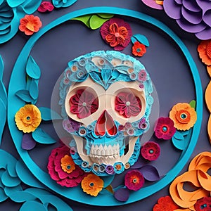 Skull paper quilling art with colorful flower pattern