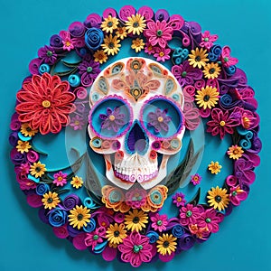 Skull paper quilling art with colorful flower pattern