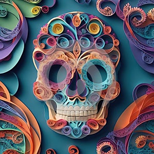 Skull paper quilling art with colorful flower pattern