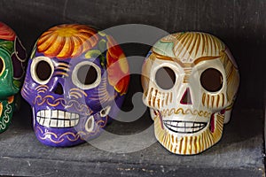 Skull pottery on tourist stall in San Miguel de Cozumel