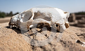 Skull of a predator on a rock in the desert