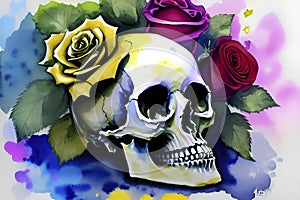 Skull with roses and butterfly on watercolor background. Hand drawn illustration