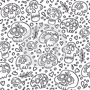 Skull seamless pattern. Mexican Dia de los Muertos Day of the Dead skull background. Day of Dead holiday skulls