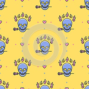 Skull seamless pattern Vector Icons: skull, rose, fire, heart