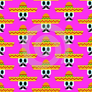 Skull in sombrero pattern seamless. day of dead in mexico background. Dia de los Muertos Mexican holiday texture