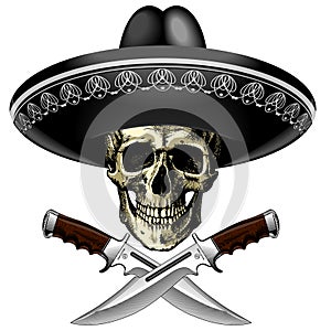 Skull in sombrero with two knives on a blank background