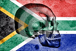 Skull and South African flag signifying the Cradle of Humankind