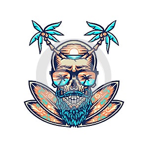 Skull summer beach t-shirt graphic design, hand drawn line with digital color, vector illustration