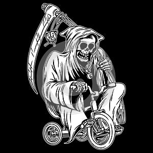 skull tricycle Black and White Illustration