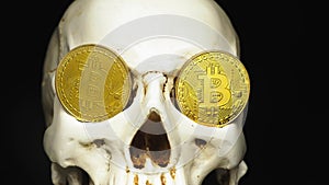 Skull with US Dollar bills in his mouth. bitcoins on the eyes.