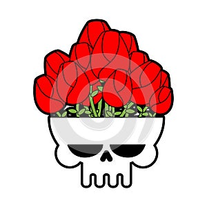 Skull vase with flowers isolated. Skeleton Head and Roses. Vector illustration