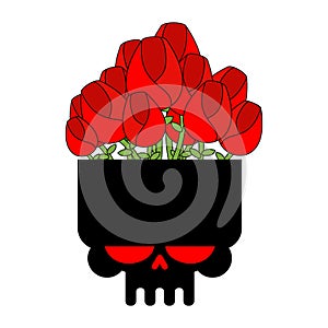 Skull vase with flowers isolated. Skeleton Head and Roses. Vector illustration