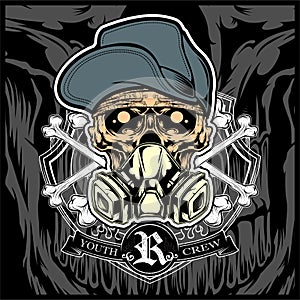 Skull wearing hat and gas mask vector