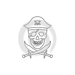 A skull wearing a pirate hat and with crossed sabers.