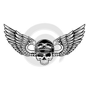 Skull in winged helmet. Design element for logo, emblem, sign, poster, t shirt. Vector illustration1