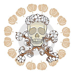 Skull in a wreath of cotton buds with crossed cotton branches. Isolated vector objects.