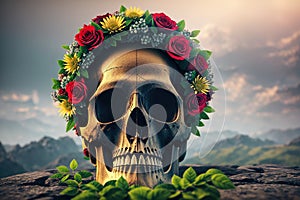 A skull with a wreath of flowers on its head, sitting on top of a rock in the middle of a mountainous landscape.