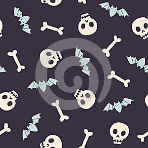 Skulls, bones and bats. Halloween seamless pattern