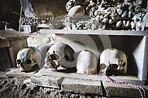 Skulls and bones in Fontanelle cemetery.