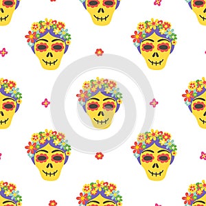 Skulls catrina seamless pattern. Calavera Halloween design. Day of the Dead mexican background. Dia de los Muertos card photo